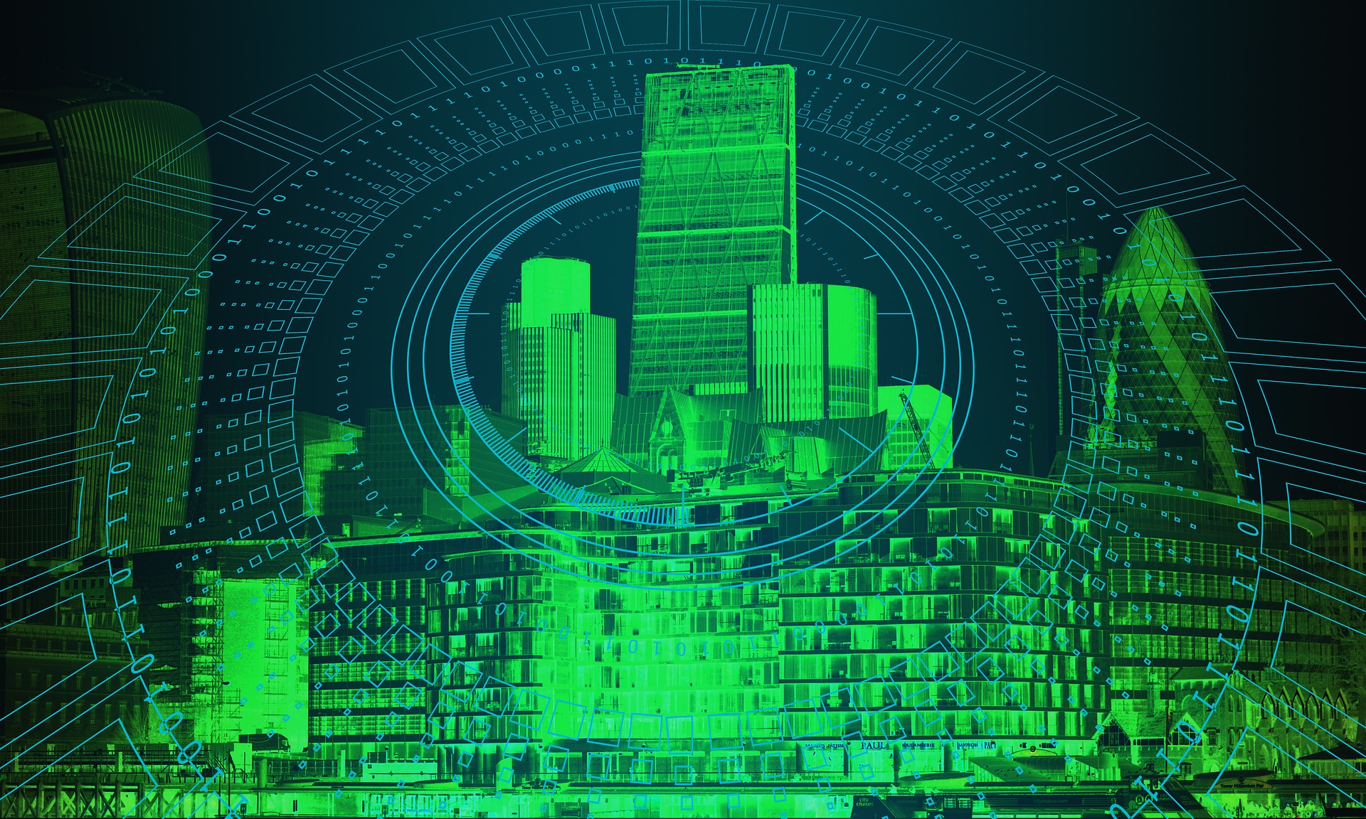 Futuristic green city skyline with digital overlay