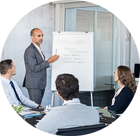 Business meeting presentation with whiteboard and colleagues